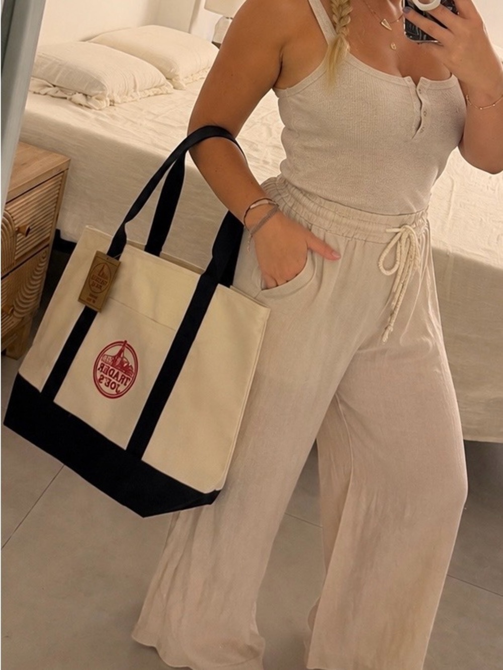 New Cream Canvas Tote with Black Trim and Red Logo - Everyday Women’s Bag